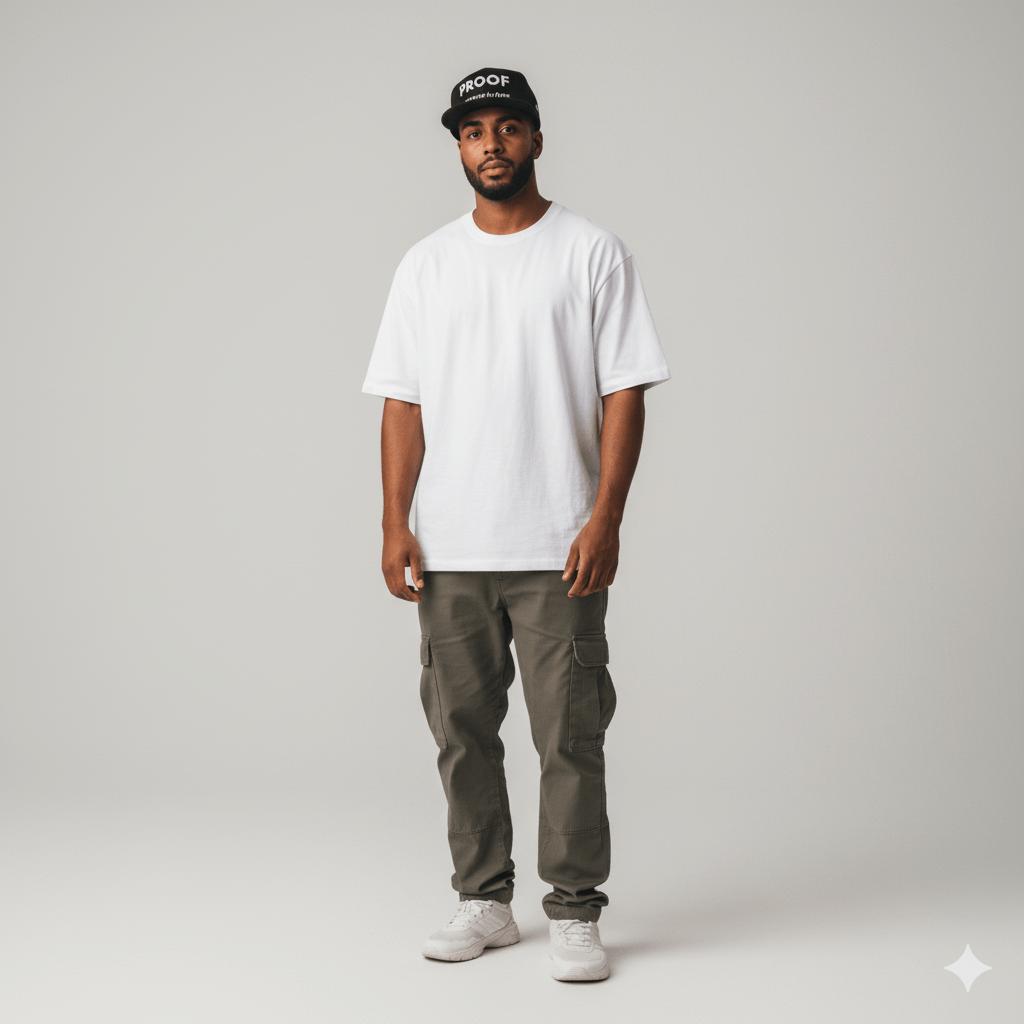 Studio lifestyle photo of a man wearing Proof Over Hype snapback hat – premium streetwear by TheCapTribe™