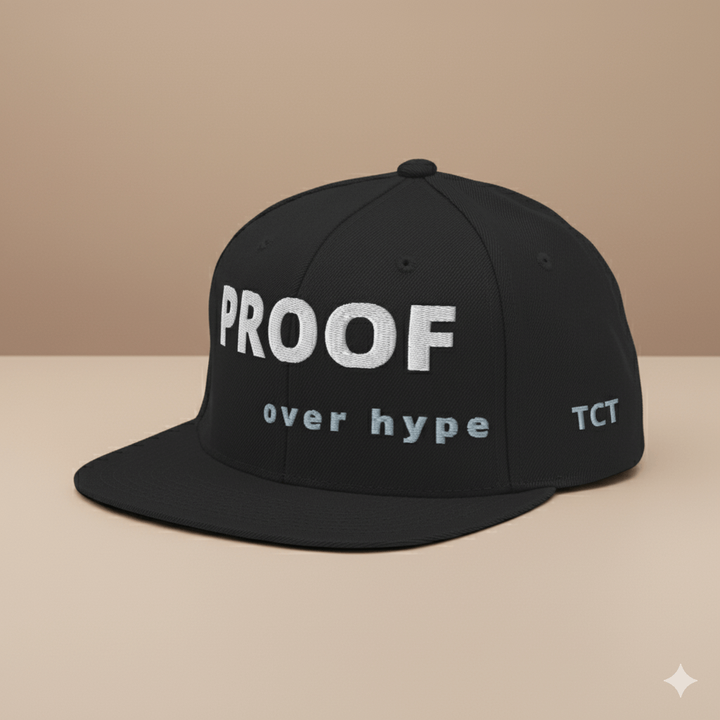 Side view of Proof Over Hype snapback hat – bold embroidery streetwear cap.
