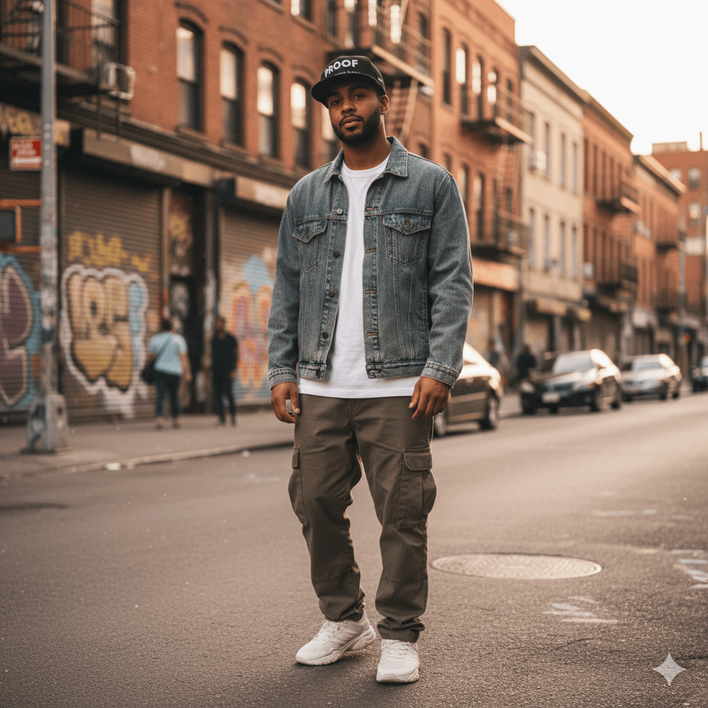 Lifestyle photo of a man wearing Proof Over Hype snapback hat on the street, TheCapTribe™ streetwear.