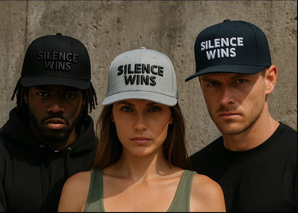 Three models wearing "Silence Wins" caps in different colors (black, gray, navy), streetwear style.