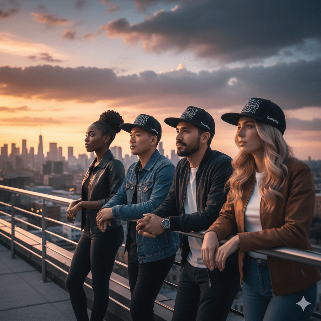 Four friends standing on a rooftop with a city skyline and sunset in the background