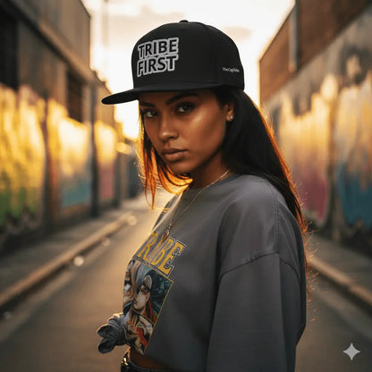 Woman wearing a cap and sweatshirt with &