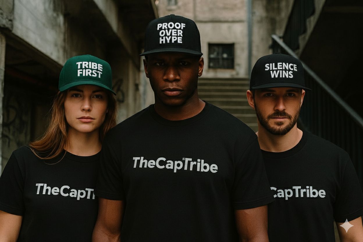 Three models wearing TheCapTribe™ snapbacks — Proof Over Hype, Tribe First, and Silence Wins — representing streetwear culture.