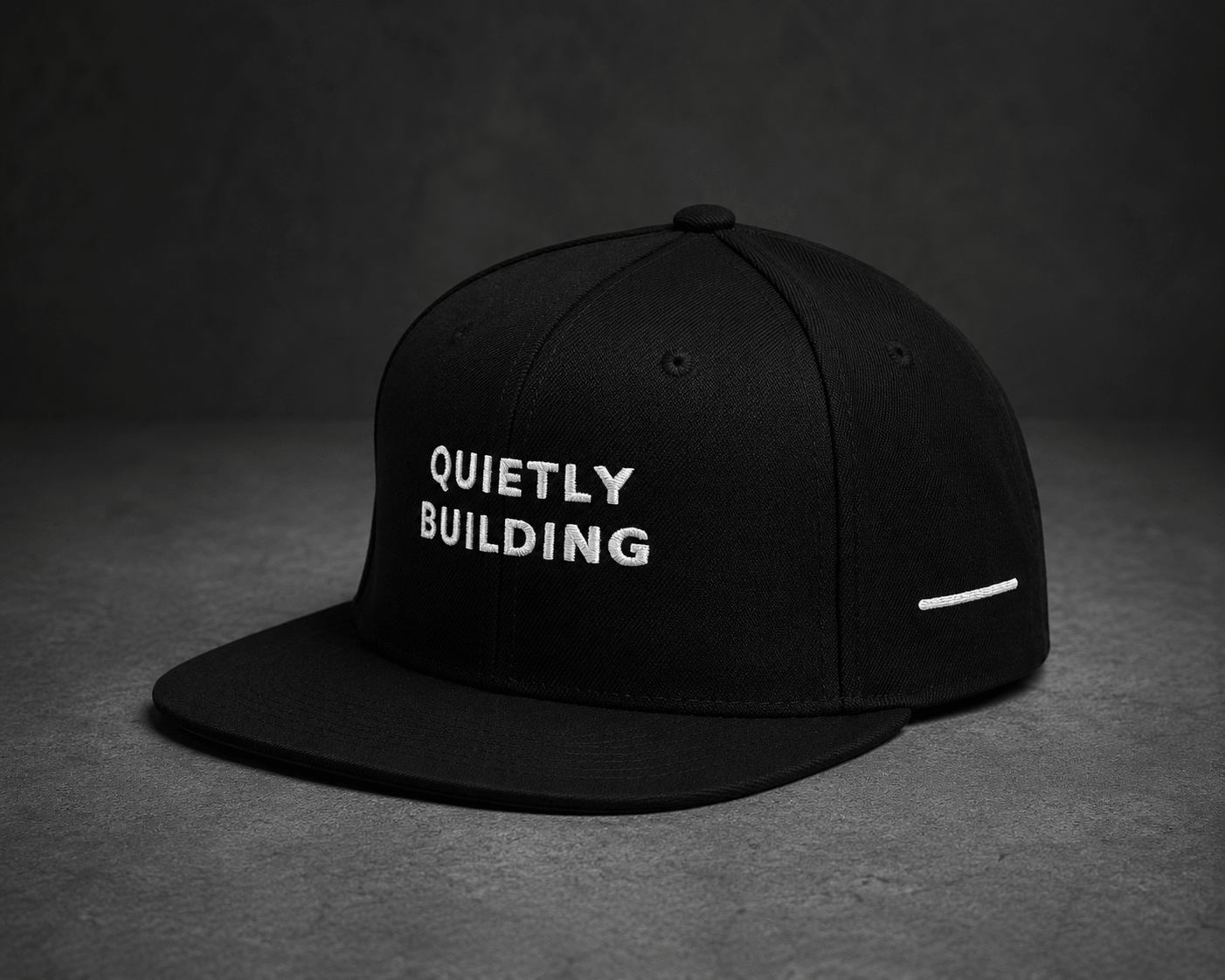 Back view of TheCapTribe Quietly Building black snapback showing Results Speak embroidery
