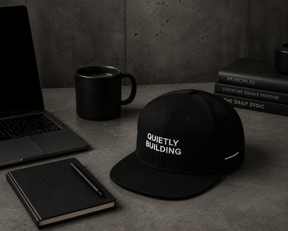 TheCapTribe Quietly Building black snapback on minimalist workspace desk with laptop and coffee