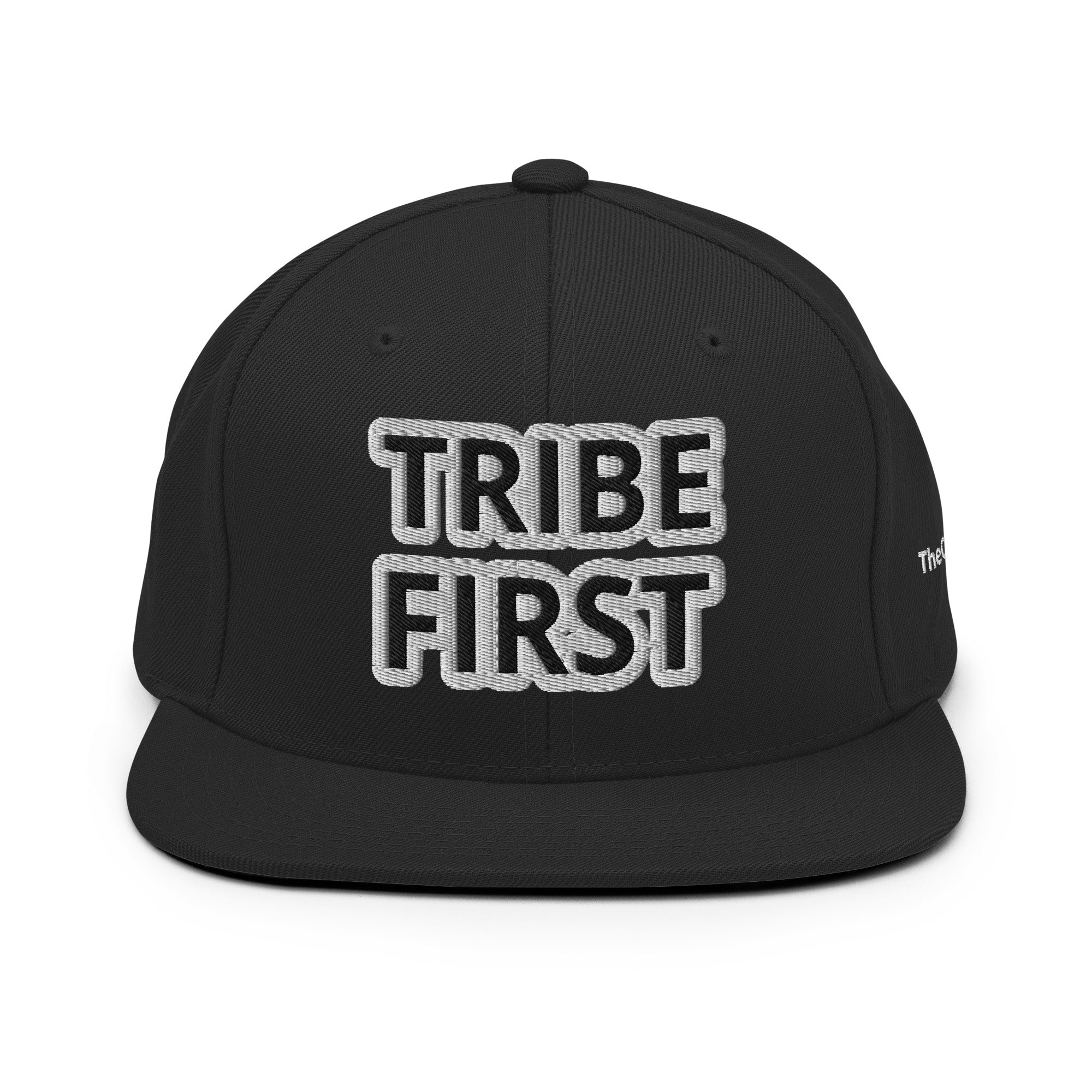 Front view of Tribe First snapback cap by TheCapTribe™, premium black streetwear hat with bold white embroidery
