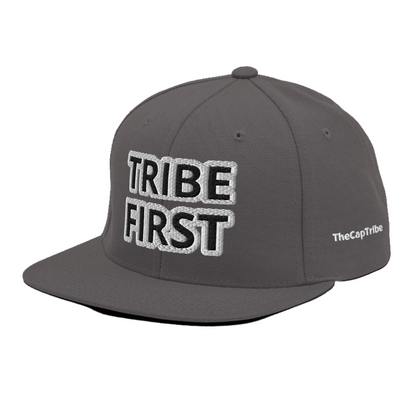 Front view of Tribe First snapback cap by TheCapTribe™, premium black streetwear hat with bold white embroidery