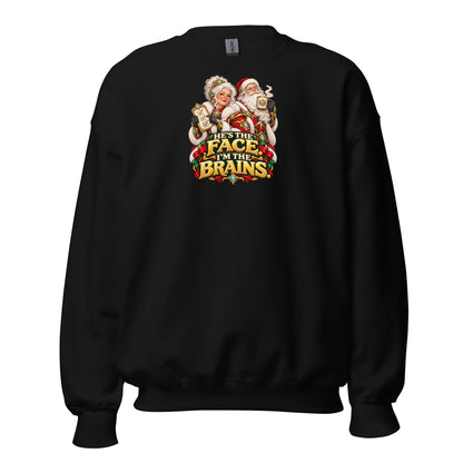 Black Gildan 18000 crewneck, front view, with Mrs. Claus, Santa and HE&