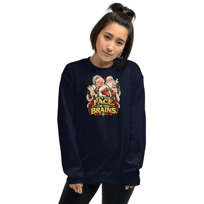 Woman wearing a Navy Gildan 18000 crewneck with Mrs. Claus, Santa and HE&