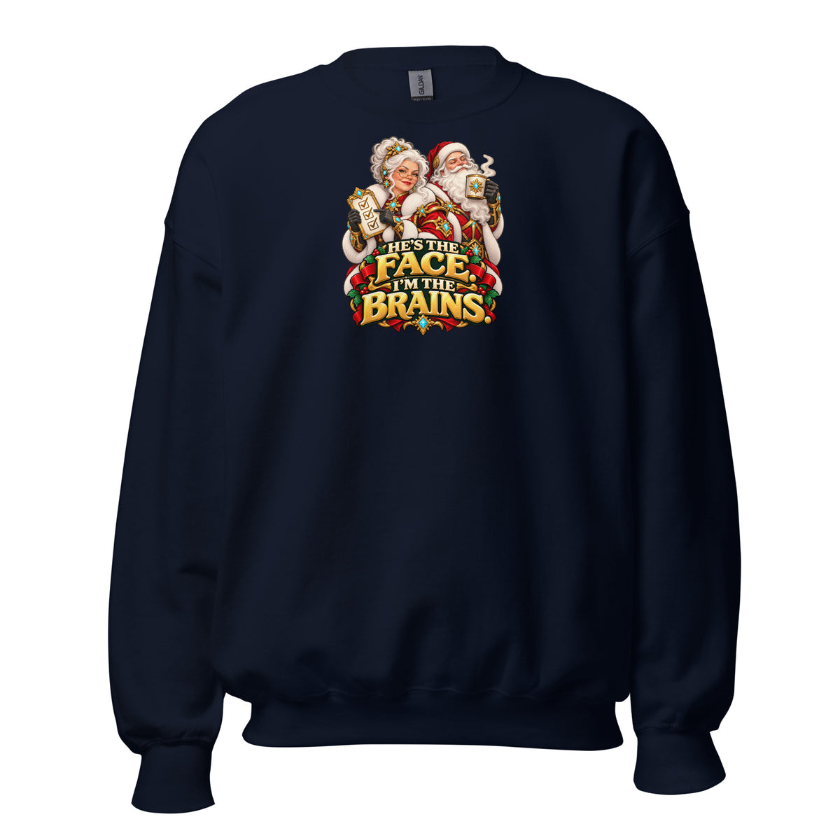 Navy Gildan 18000 crewneck, front view, with Mrs. Claus, Santa and HE&
