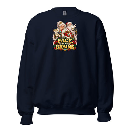 Navy Gildan 18000 crewneck, front view, with Mrs. Claus, Santa and HE&