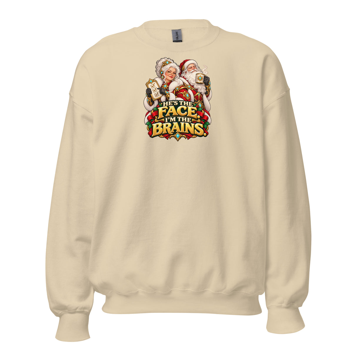 Sand Gildan 18000 crewneck, front view, with Mrs. Claus, Santa and HE&