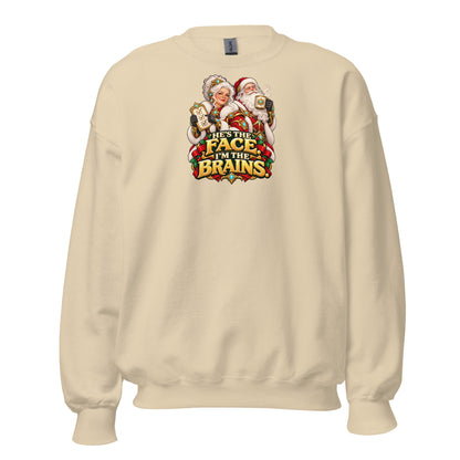 Sand Gildan 18000 crewneck, front view, with Mrs. Claus, Santa and HE&