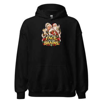 Black Gildan 18500 hoodie, front view, with Mrs. Claus, Santa and HE&