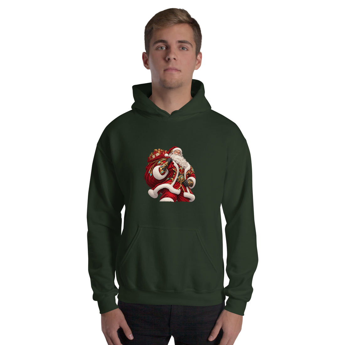 Front view of the Forest Green Gildan 18500 hoodie with Santa and his sack of gifts Christmas artwork printed on the front.