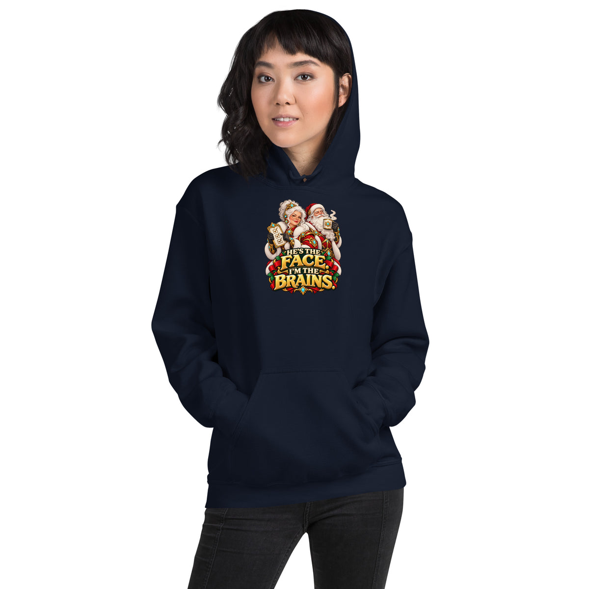 Woman wearing a Navy Gildan 18500 hoodie with Mrs. Claus, Santa and HE&