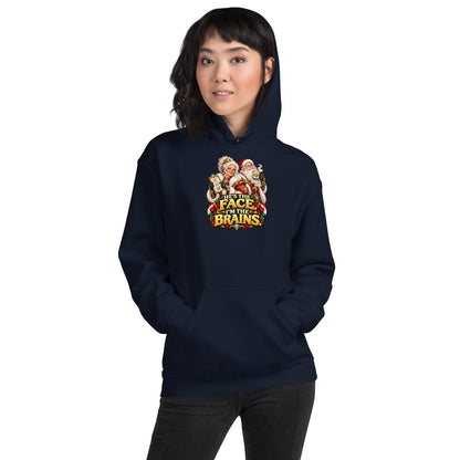 Woman wearing a Navy Gildan 18500 hoodie with Mrs. Claus, Santa and HE&