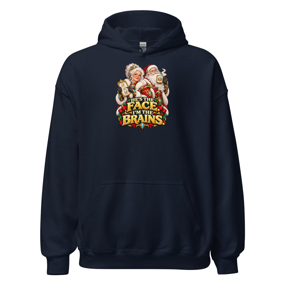 Navy Gildan 18500 hoodie, front view, with Mrs. Claus, Santa and HE&