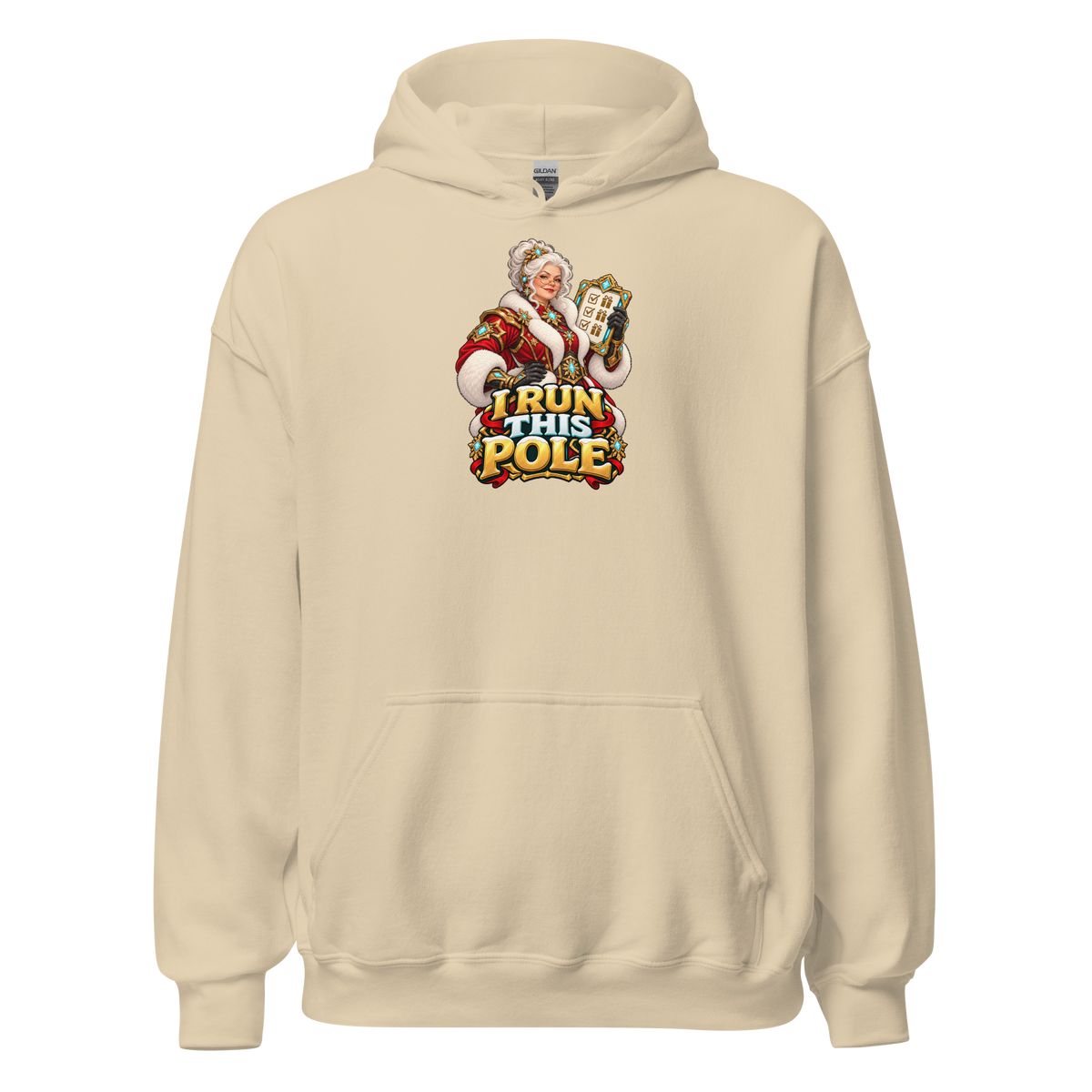Front view of the Sand Gildan 18500 Christmas hoodie with the I RUN THIS POLE Mrs. Claus artwork printed above the pouch pocket.