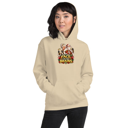 Woman wearing a Sand Gildan 18500 hoodie with Mrs. Claus, Santa and HE&