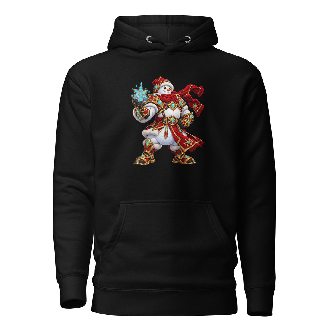 Front view of the black Cotton Heritage M2580 hoodie with colorful snowman Christmas artwork printed on the front.