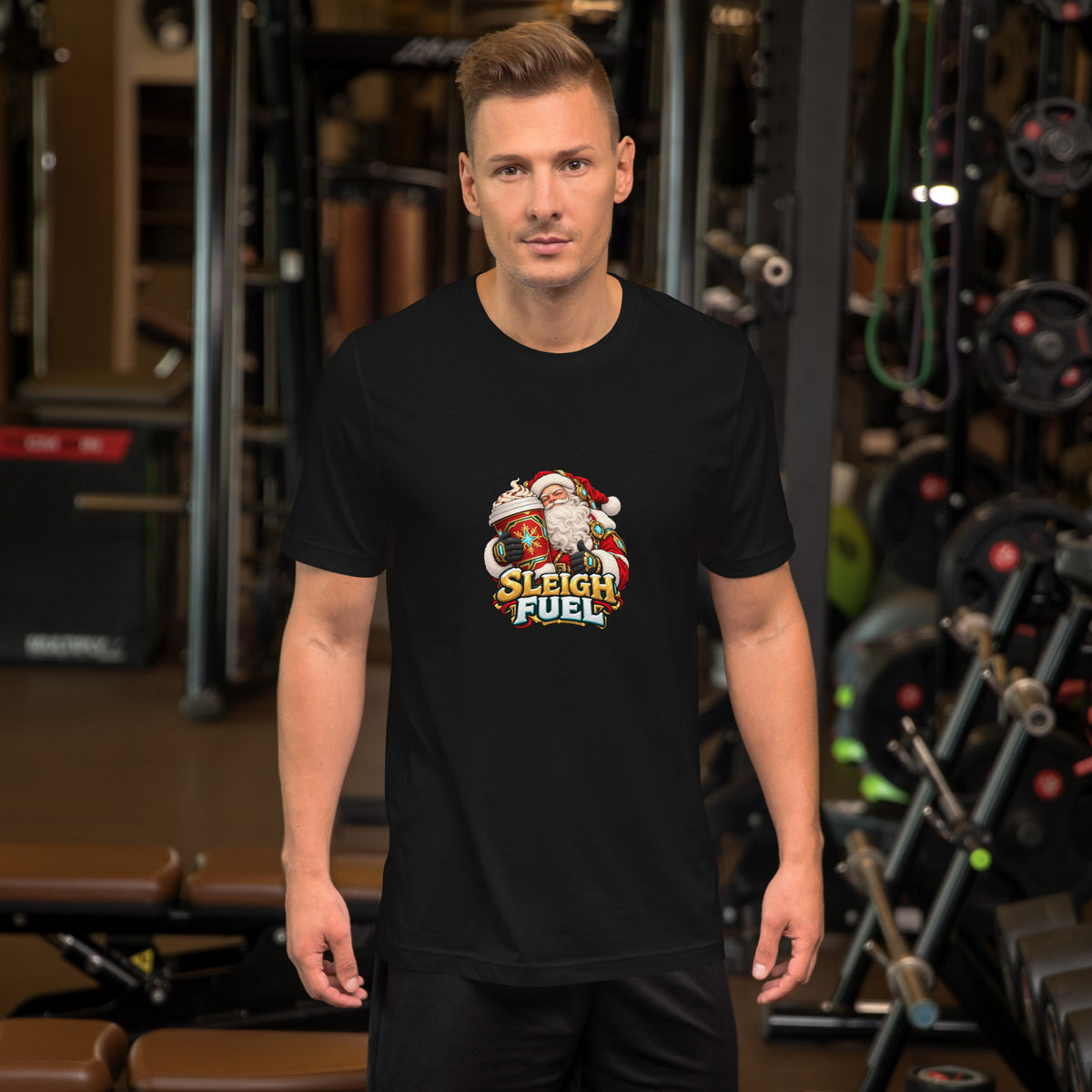 Model wearing the black Sleigh Fuel Santa coffee tee