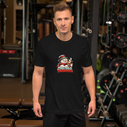 Man wearing a black Bella + Canvas 3001 T-shirt with the colorful “This Feels Personal” snowman Christmas design.