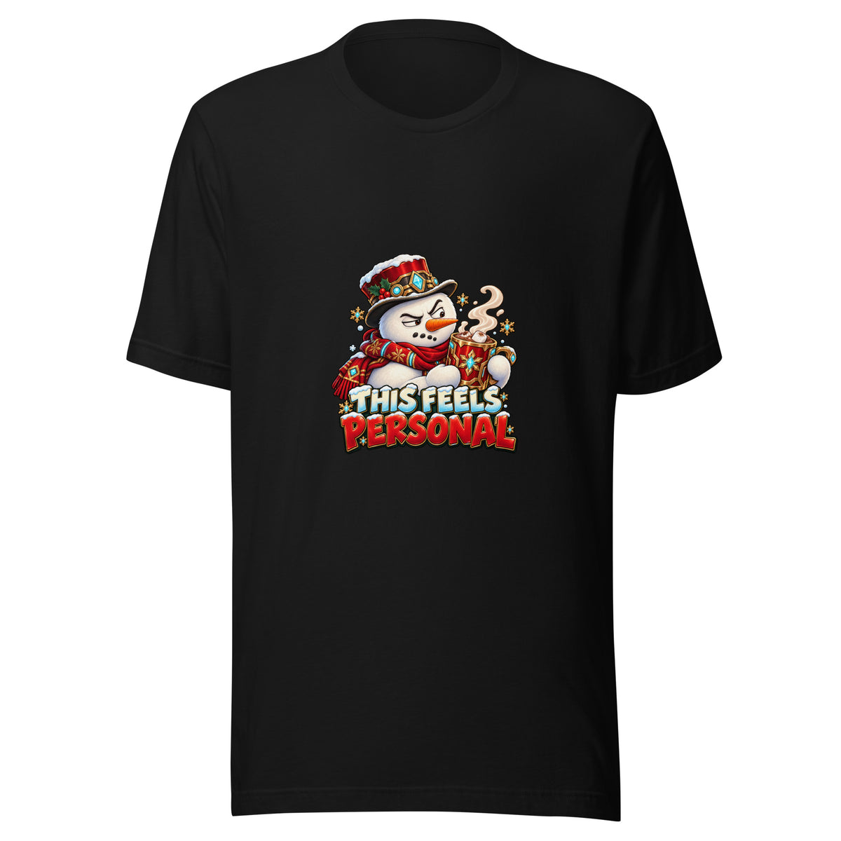 Black Bella + Canvas 3001 T-shirt front showing the snowman illustration and “This Feels Personal” Christmas design.