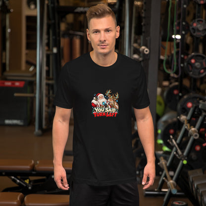 Front view of the black Bella + Canvas 3001 T-shirt featuring the “You Said Turn Left” Santa and reindeer design.