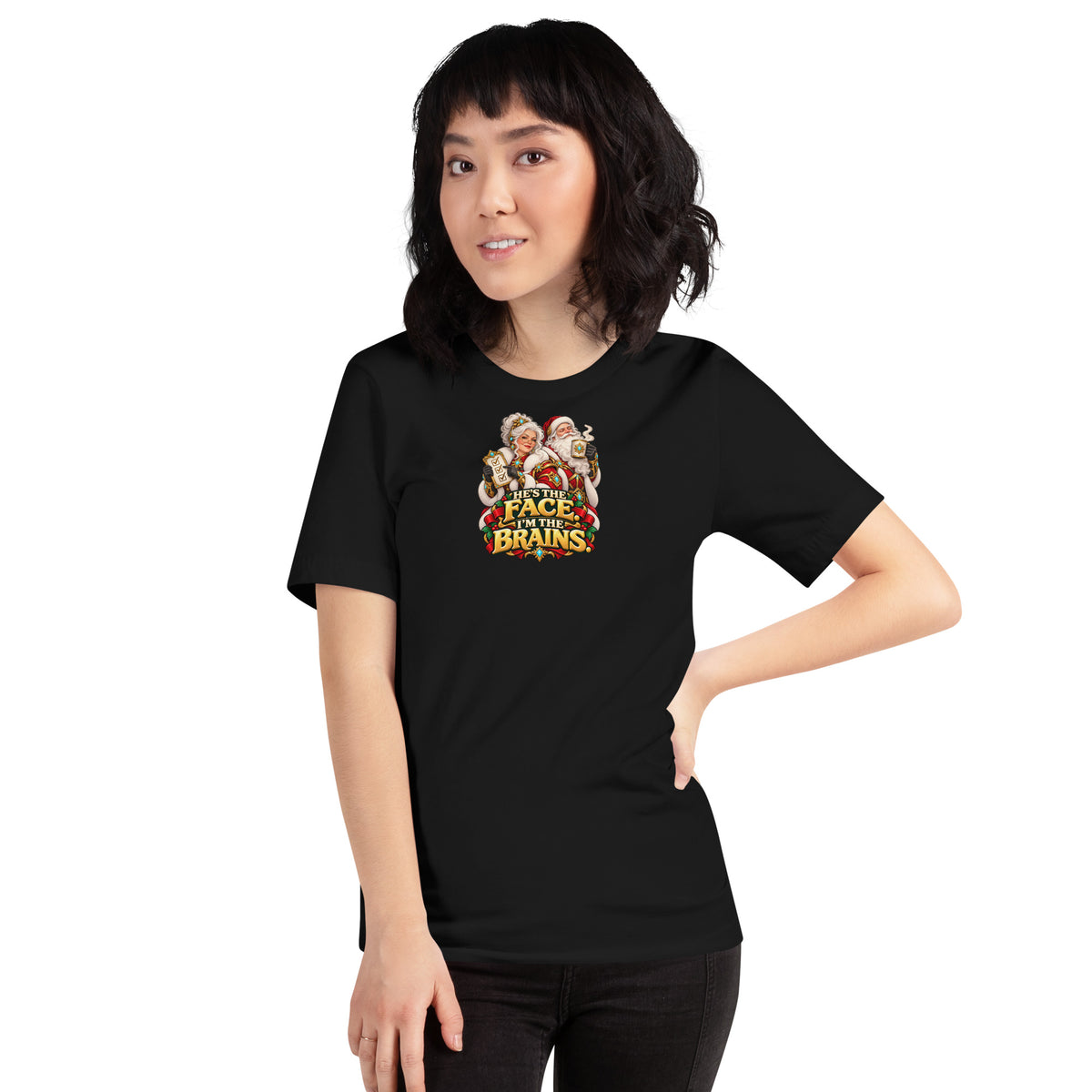 Woman wearing Black Bella + Canvas 3001 Mrs. Claus and Santa Christmas tee with HE&