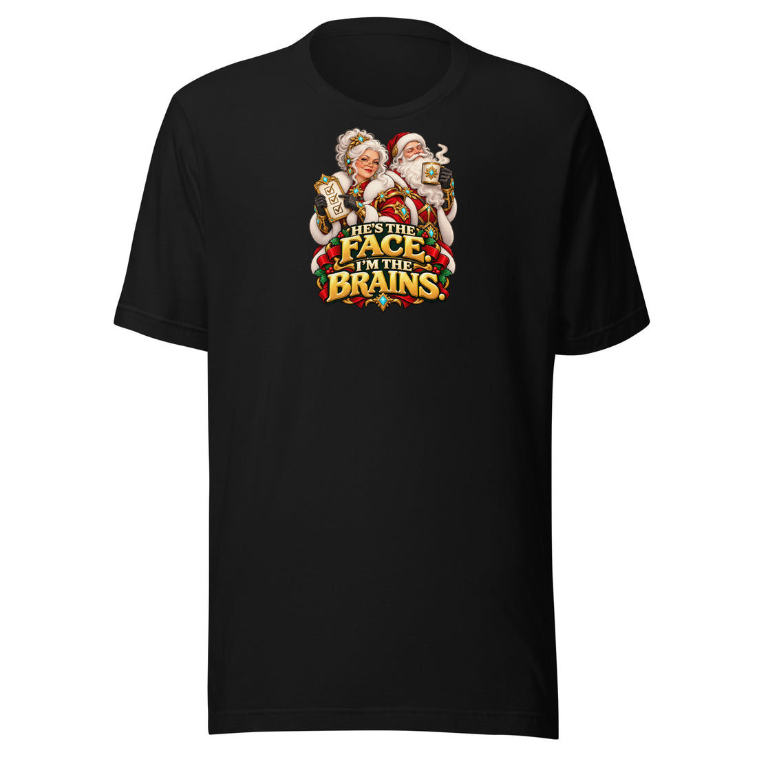 Black Bella + Canvas 3001 tee, front view, with Mrs. Claus, Santa and HE&