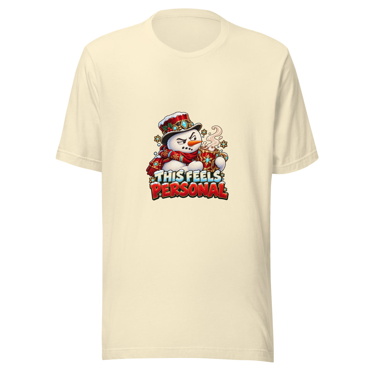Natural Bella + Canvas 3001 T-shirt front view showing the snowman illustration and “This Feels Personal” Christmas design.