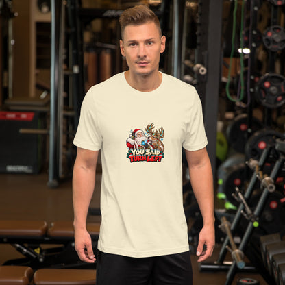 Front view of the Natural Bella + Canvas 3001 T-shirt featuring the “You Said Turn Left” Santa and reindeer design.