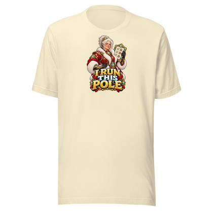 Front view of the Natural Bella + Canvas 3001 Christmas tee with the I RUN THIS POLE Mrs. Claus artwork printed on the chest.