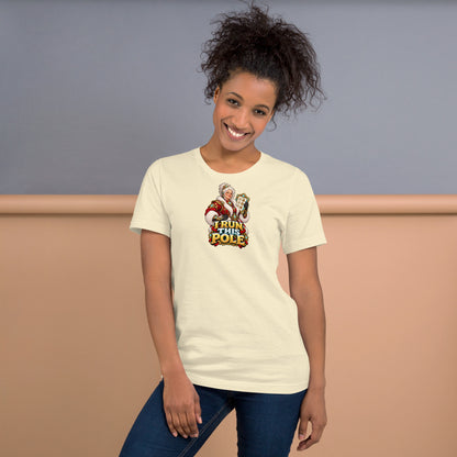 Official mockup of a woman wearing the Natural Bella + Canvas 3001 Christmas tee with Mrs. Claus and I RUN THIS POLE printed on the front.