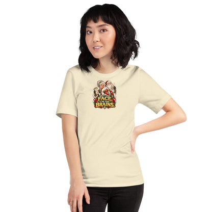 Woman wearing a Natural Bella + Canvas 3001 tee with Mrs. Claus, Santa and HE&