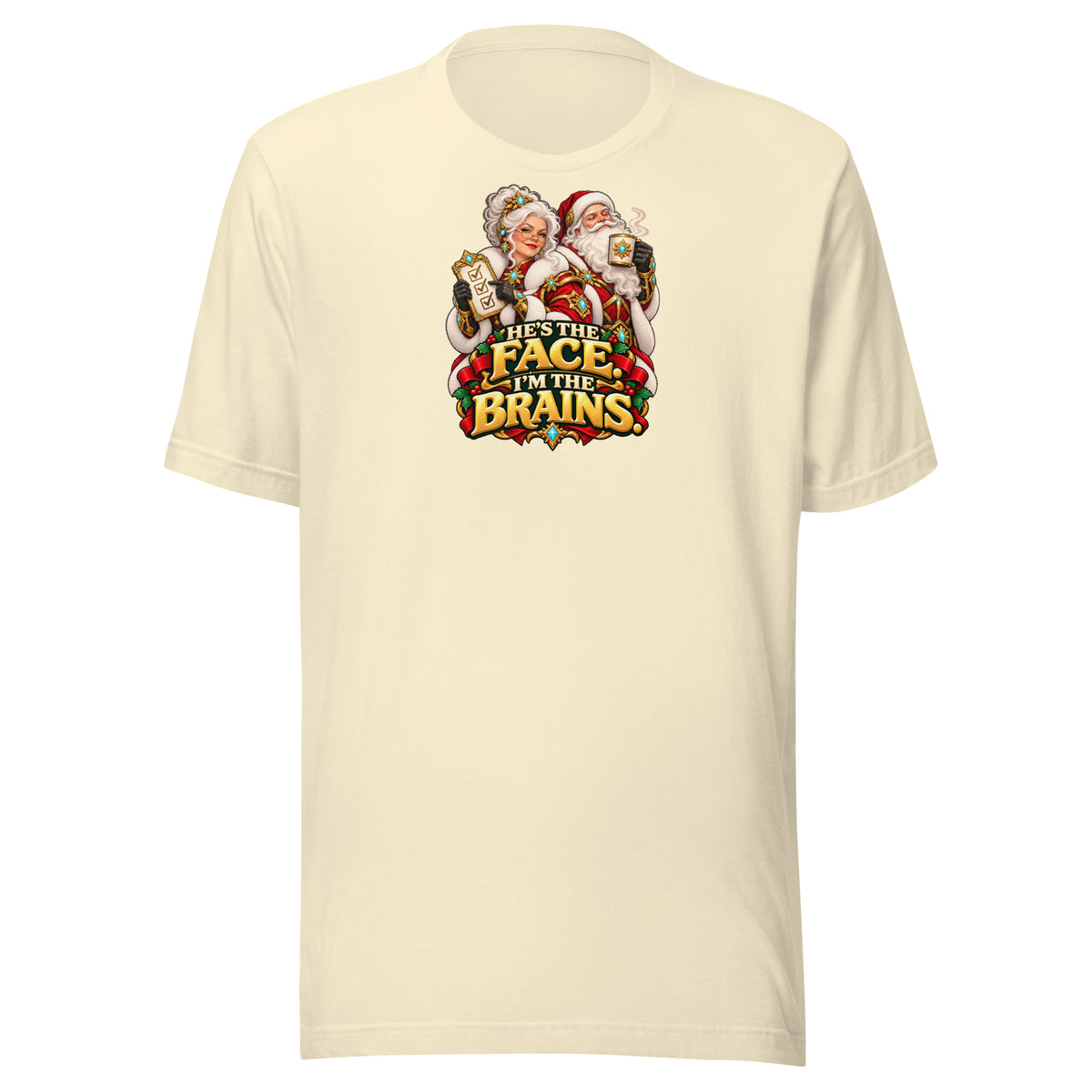 Natural Bella + Canvas 3001 tee, front view, with Mrs. Claus, Santa and HE&