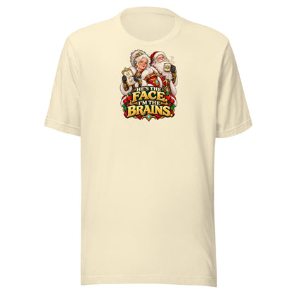 Natural Bella + Canvas 3001 tee, front view, with Mrs. Claus, Santa and HE&