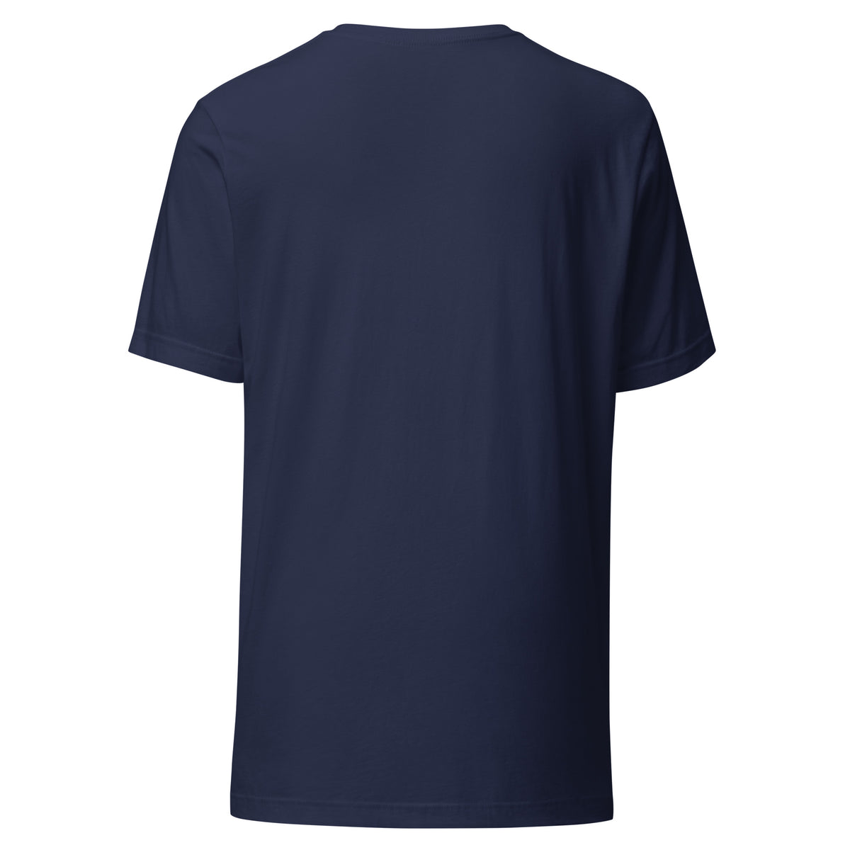Navy Bella + Canvas 3001 T-shirt shown from the back; matching “You Said Turn Left” Santa and reindeer artwork is printed on the front.