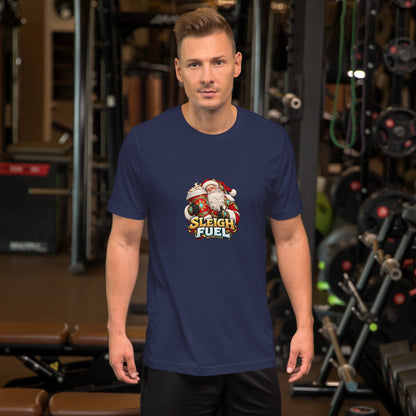 Lifestyle view of a person wearing the navy Bella+Canvas 3001 tee with the SLEIGH FUEL Santa coffee artwork centered on the front.