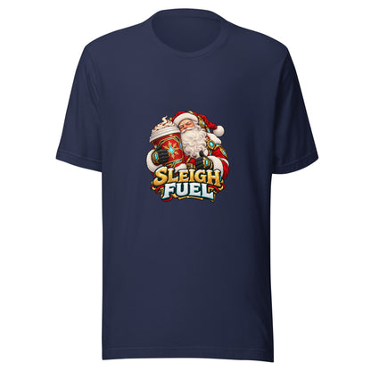 Front view of the navy Bella+Canvas 3001 tee with the SLEIGH FUEL Santa coffee artwork printed on the chest.