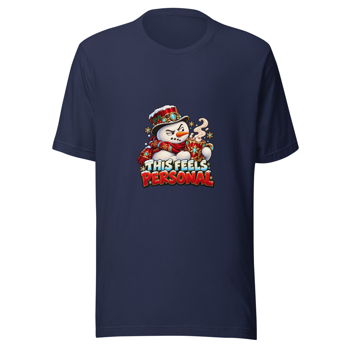 Navy Bella + Canvas 3001 T-shirt front showing the snowman illustration and “This Feels Personal” Christmas design.