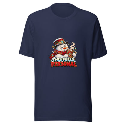 Navy Bella + Canvas 3001 T-shirt front showing the snowman illustration and “This Feels Personal” Christmas design.