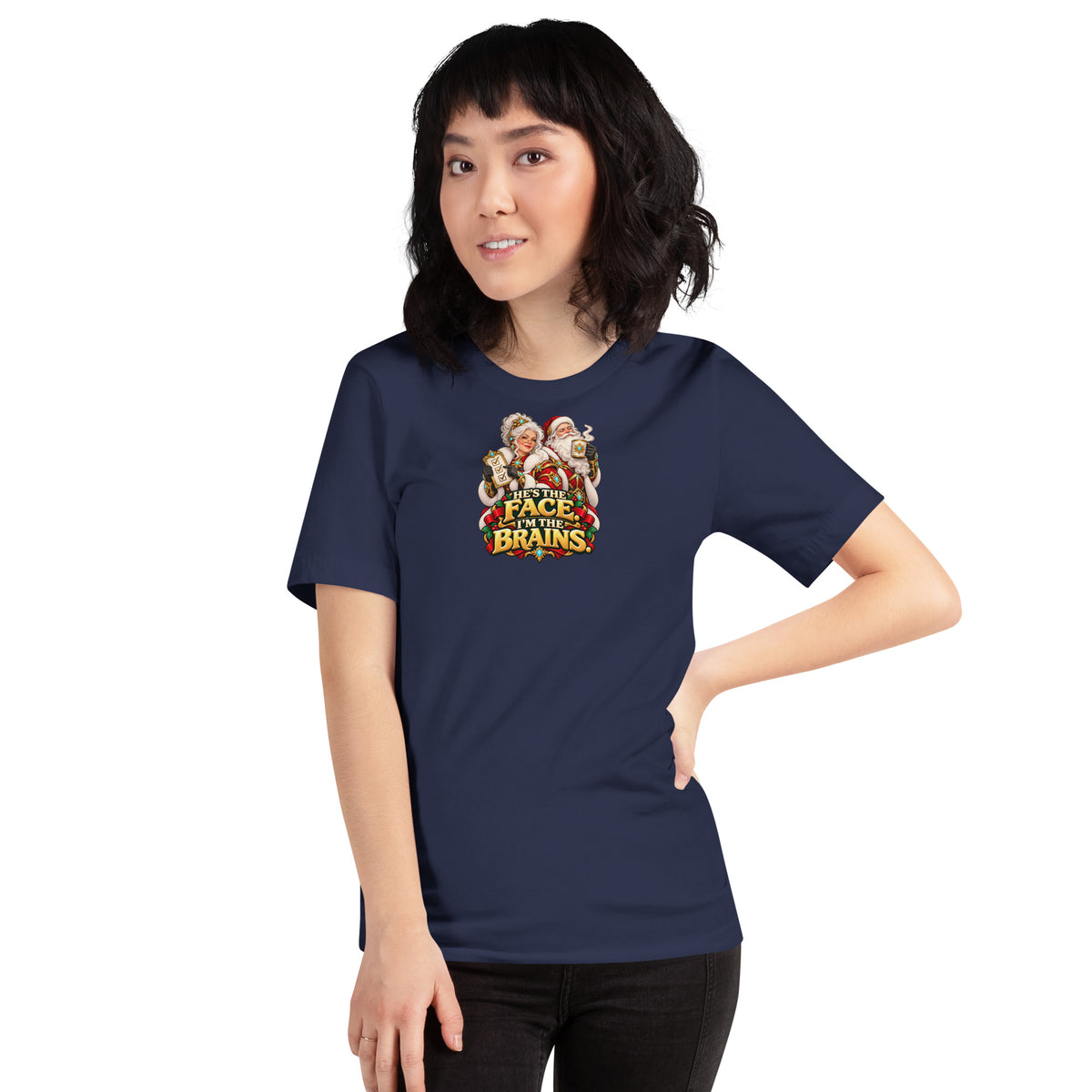 Woman wearing a Navy Bella + Canvas 3001 tee with Mrs. Claus, Santa and HE&
