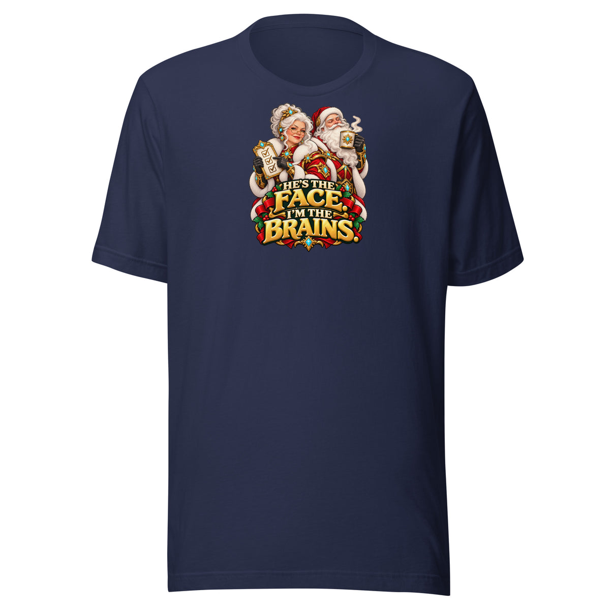 Navy Bella + Canvas 3001 tee, front view, with Mrs. Claus, Santa and HE&