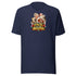 Navy Bella + Canvas 3001 tee, front view, with Mrs. Claus, Santa and HE&