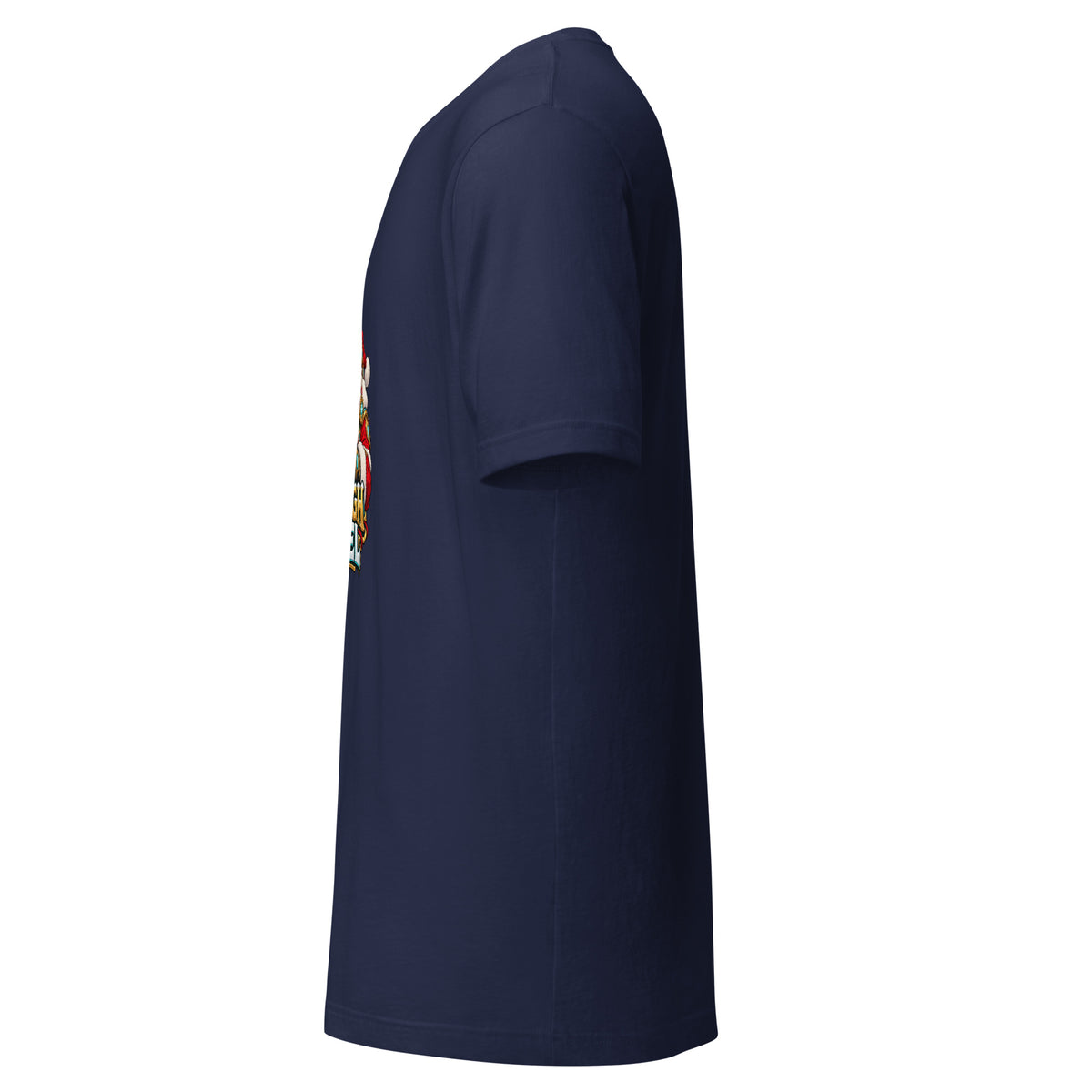 Left-side view of the navy Bella+Canvas 3001 tee with the SLEIGH FUEL artwork visible on the front.
